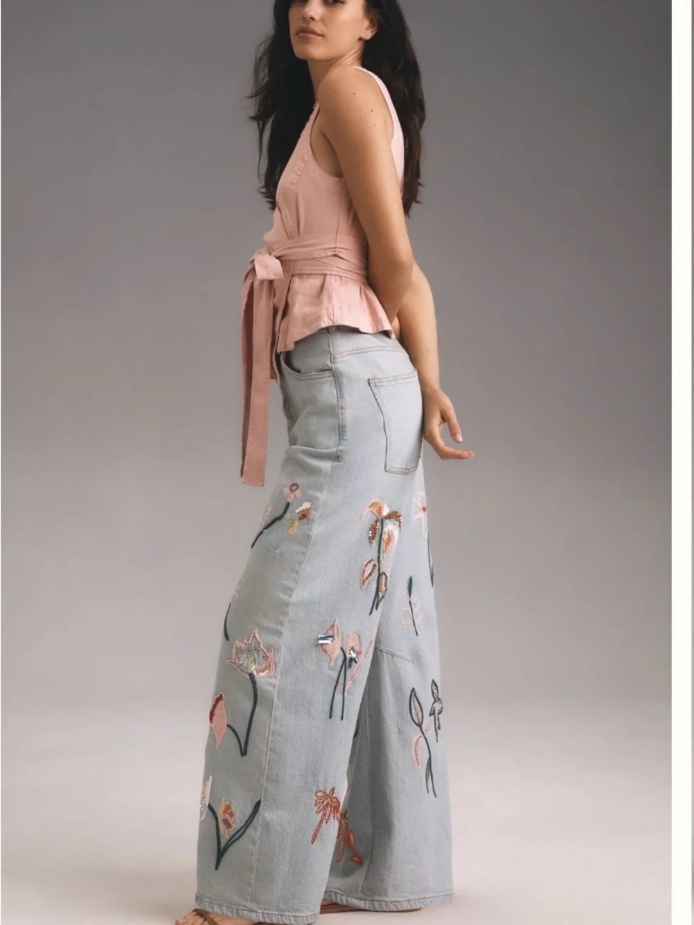 Anthropologie Pilcro Wash Embroidered Floral Wide-Leg Jeans - Light Blue